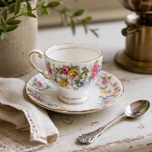 Vintage Tuscan Bone China Espresso Cup Saucer Floral English Cottage Decor‎